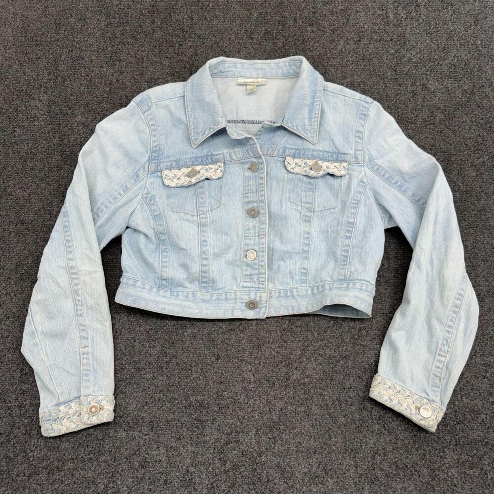 Dress Barn Denim Jacket Womens Large Blue Cropped Bomber Button Up Workwear Coat